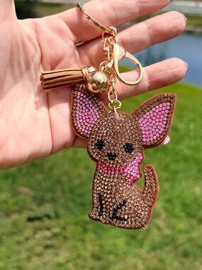 Crystal Chihuahua Keychain in Brown and Pink